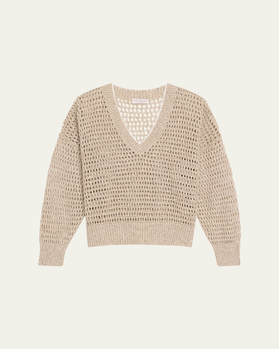 Paillette Open Knit V-Neck Sweat